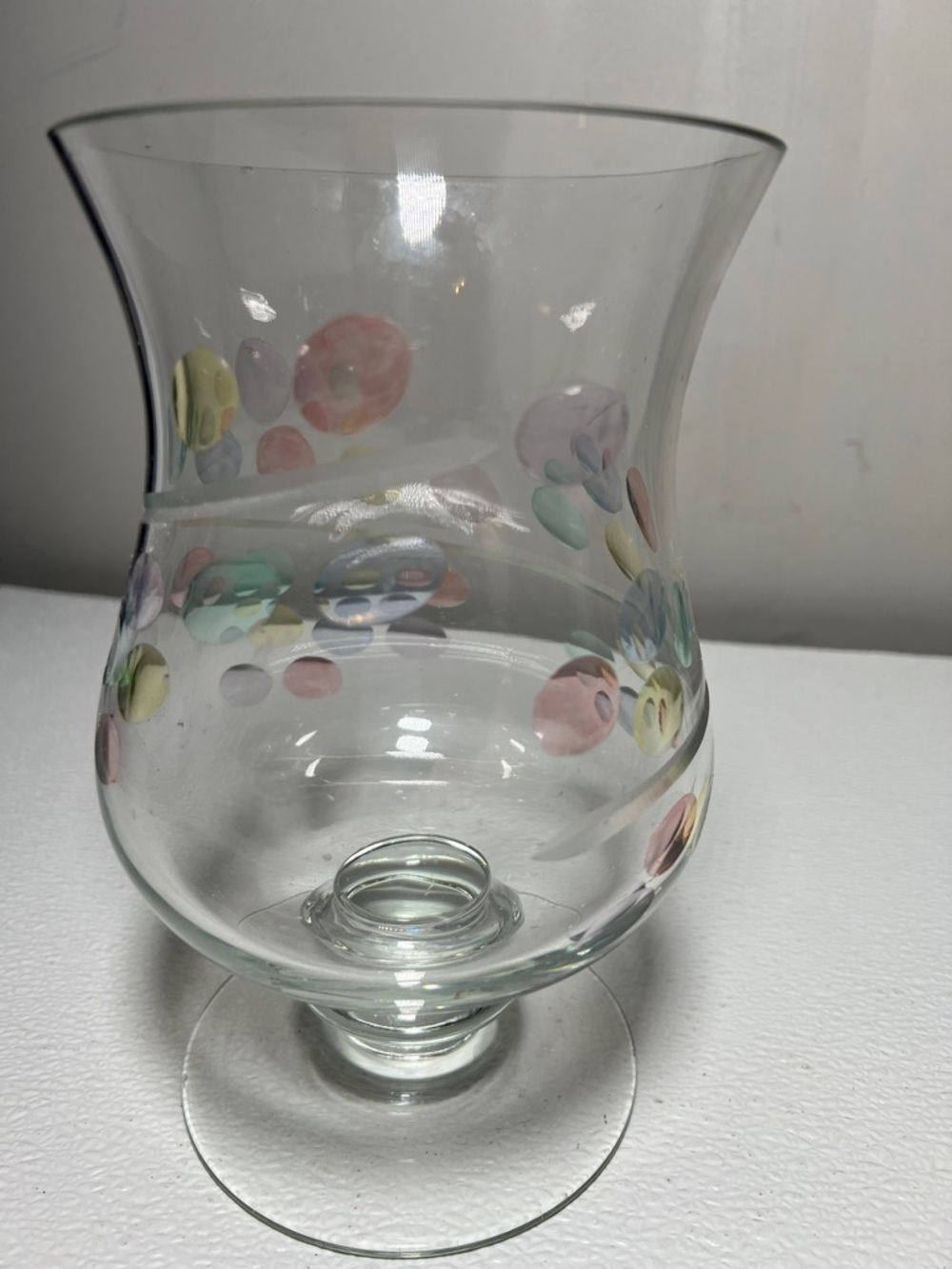 Vintage Handblown Glass Hurricane Vase with Pastel Dots Etched Ribbon Accents